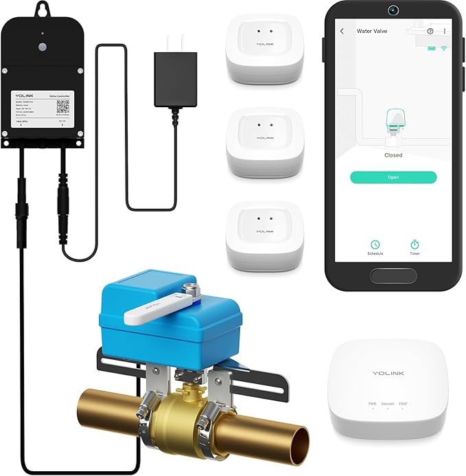YoLink DIY Automatic Water Leak Detection & Shut-Off Starter Kit, EVO Valve Operator, Wireless Valve Controller, (3) Leak Sensors, Hub by YoLink