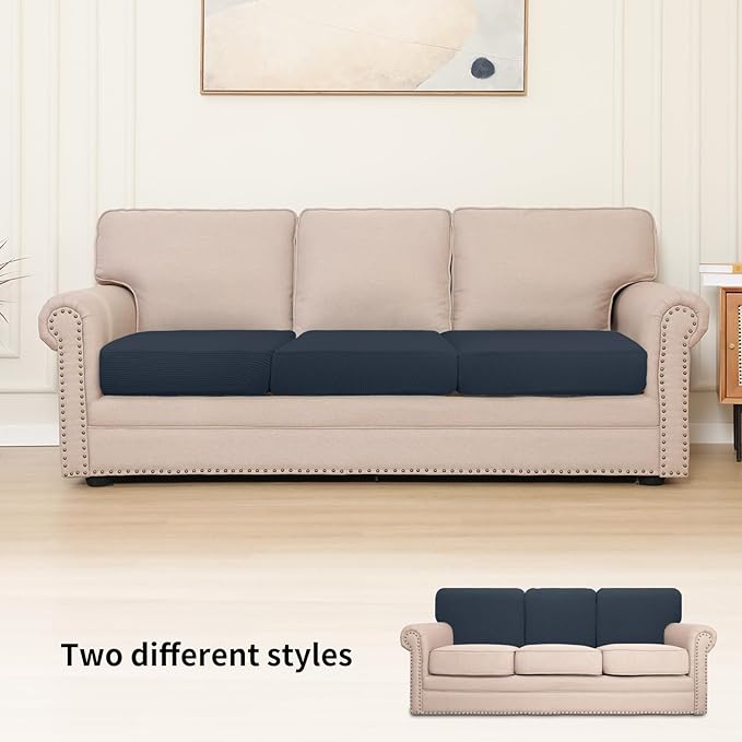 Easy-Going Stretch Individual Chair Couch Cushion Cover Sofa Cushion Furniture Protector Sofa slipcover Soft Flexibility with Elastic Bottom (3-Piece Sofa Cushion Cover, Dark Blue) - Image 2