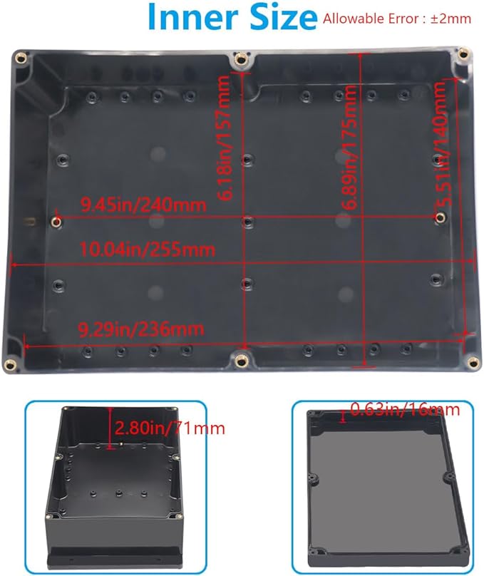 Outdoor Waterproof Junction Box IP67 Project Box ABS Black Electrical Boxes Electronic Enclsoure with Mounting Ear for DIY Project 10.4 x 7.2 x 3.7 inch (263x182x95mm) - Image 5