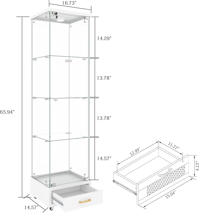 Yoluckea 4 Tiers Glass Display Cabinet with LED Lighting and Drawer, 1 Door Floor Standing Curio Cabinet with Wheel for Home, Office, Corner Display, White Glass Bookshelf for Collections and Decor - Image 2