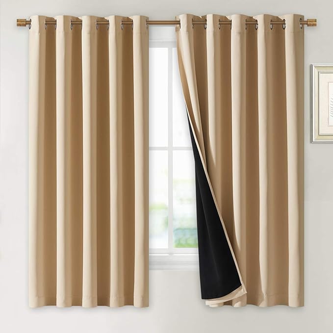 NICETOWN Bedroom Full Blackout Curtain Panels, Super Thick Insulated Window Covers, Complete Blackout Draperies with Black Liner for Short Window(Biscotti Beige, Set of 2 PCs, 70 by 63-inch) by NICETOWN