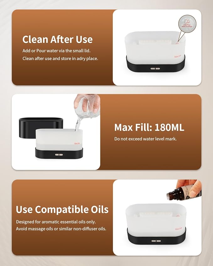Flame Effect Essential Oil Diffuser, 180ml Ultrasonic Aromatherapy Humidifier, 7 Color Changing Lights with Ultra Quiet, Auto Shut-Off, Valentine's Day Gift for Bedroom Home Office and Yoga (Black) - Image 6