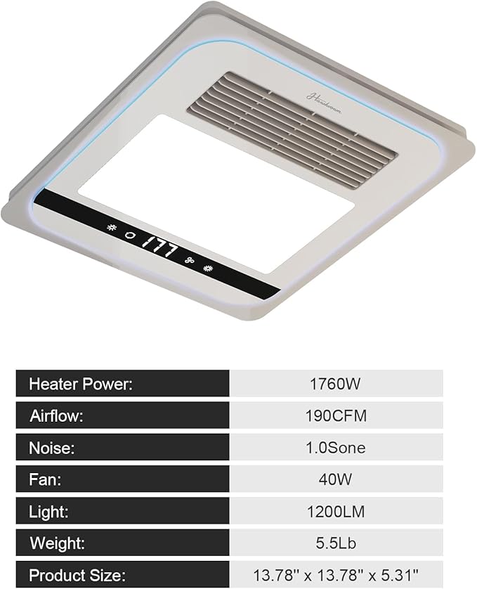 4 in 1 Bathroom Exhaust Fan with Light, 1760W Heater Fan Light Combo, 190 CFM Bathroom Fan, 1.0 Sone Exhaust Fan with Heater, Light, Ventilation for Home, Bath, Hotel - Image 8