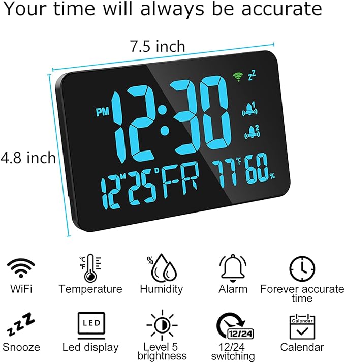 for Tuya WiFi Temperature Humidity Clock, Large LED Display with 4 Level Adjustable Brightness, Remote Monitoring via APP, Temperature Alarm, for Home Office Warehouse Greenhouse (Blue) - Image 7
