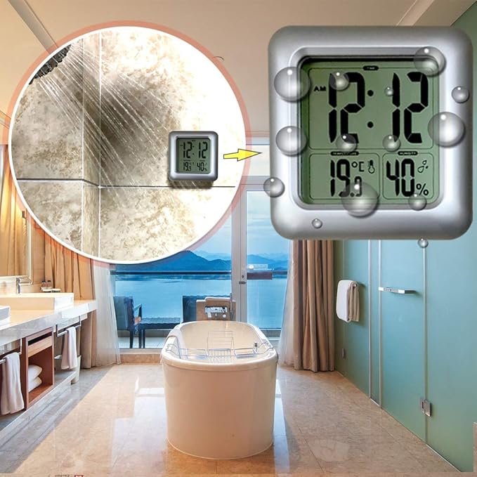 Large Waterproof Bathroom Shower Wall Clock, Big Digital Water Resistant Shatterproof Clock Thermometer Hygrometer for Bath, Temperature & Humidity Meter, Hanging & Table Standing & Mirror Suction Cup - Image 4
