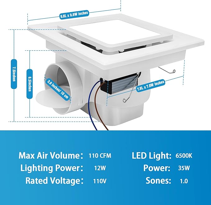 Bathroom Exhaust Fan with Light, Ceiling Mount Square Quiet Bathroom Vent Fan with Light 110 CFM 1.0 Sones 4" Duct 6500K Bathroom Fan Light Combo, Bathroom Ventilation Fan for Home/Bathroom/Hotel - Image 2