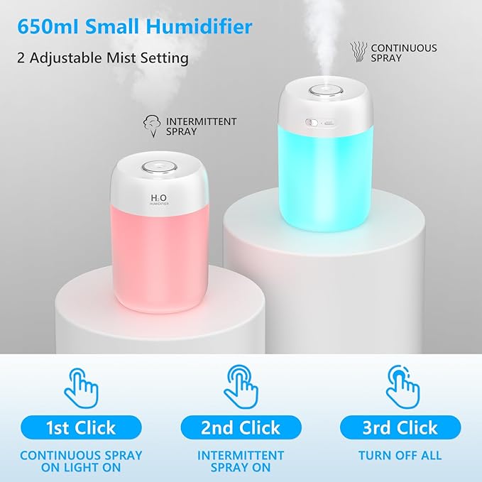 FUWANG Portable Mini Humidifier, 650ml Small Cool Mist Humidifier, USB Personal Desktop Humidifiers for Bedroom Travel Office Home Car Indoor Plants, 2 Mist Modes Quiet, Auto Shut-Off, White - Image 5