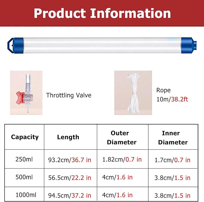 Lake Water Sample Collector 250 500 1000ml, PVC Water Sampling Device with 32.8ft Rope & 1 Throttle Valve, Deepwater Sampler Environmental Monitoring(945mm/37.2 in(1000ml)) - Image 2