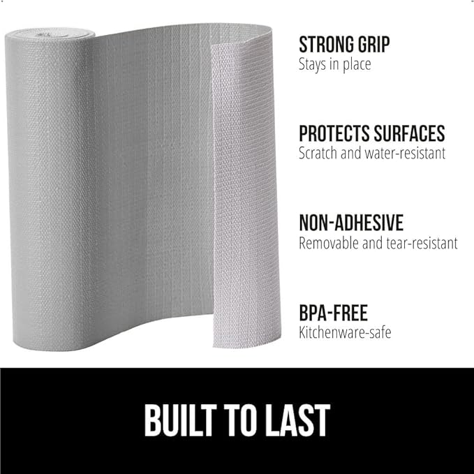 GORILLA GRIP DripGuard Shelf Liner, Non-Adhesive Drawer and Kitchen Cabinet Protector, Strong Grip Slip Resistant Underside, Smooth Surface Liners for Cabinets, Bathroom Closets, 12x120 In, Light Gray - Image 2