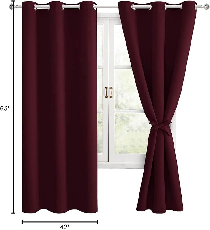 Hiasan Blackout Curtains for Bedroom, 42 x 63 Inches Length - Thermal Insulated & Light Blocking Window Curtains for Living Room Christmas Decor, 2 Drape Panels Sewn with Tiebacks, Burgundy - Image 7