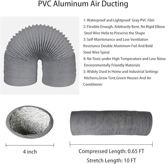 4Inch 10FT Long Flexible Aluminum Air Ducting, Heavy-Duty Grey 4 Layer Dryer Vent Hose, Dryer Duct for HVAC Ventilation,Duct Fan Systems, 2 Stainless Steel Clamps - Image 2