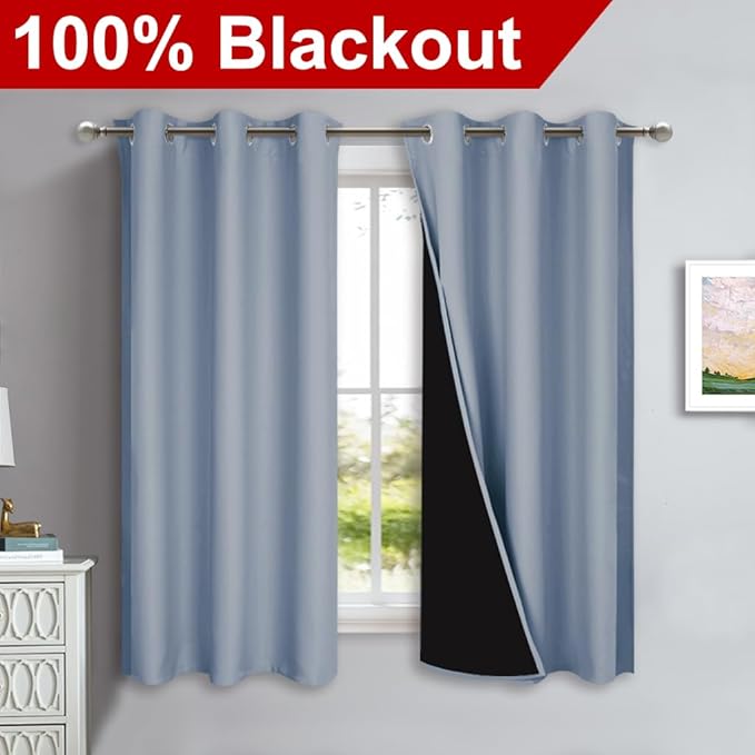 NICETOWN 100% Blackout Short Curtains with Black Liners, 2 Panels, 37" W by 50" L, Vintage Blue, Solid Thermal Insulated Full Blackout 2-Layer Lined Drapes, Energy Efficiency Window Drapes for Bedroom - Image 2