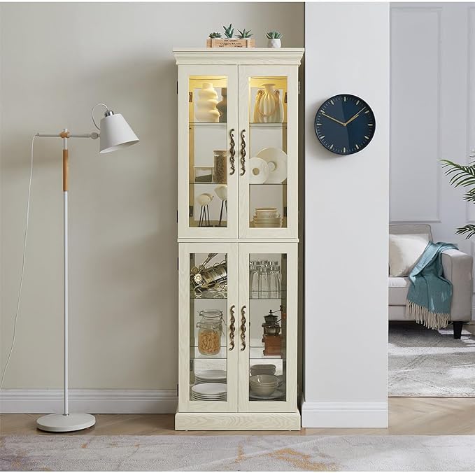 Lighted Glass Curio Cabinet with Lights & Adjustable Shelves,White Corner Curio Display Cabinet with Wood Frame (Free Standing,Light Bulb Include) - Image 8