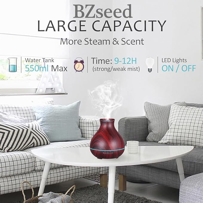 BZseed Aromatherapy Essential Oil Diffuser 550ml 12 Hours Wood Grain Aroma Diffuser with Timer Cool Mist Humidifier for Large Room, Home, Baby Bedroom, Waterless Auto Shut-off,7 Colors Lights Changing - Image 4