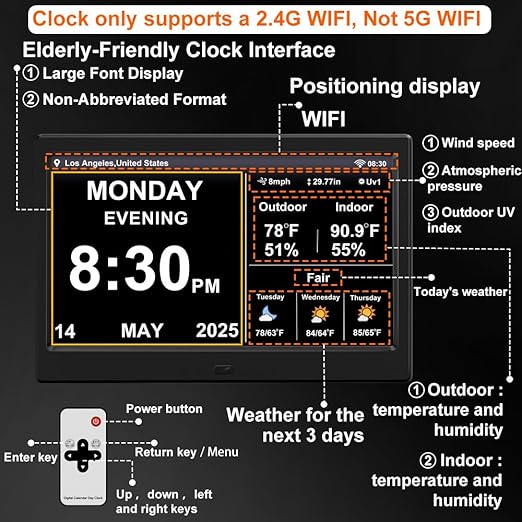 2025 New Digital Clock with Temperature/Humidity & Weather Forecast, Auto Time Sync Large Display, Custom Alarms & Medication Reminders, Ideal for Elderly(Black, 10.1-Inch) - Image 2