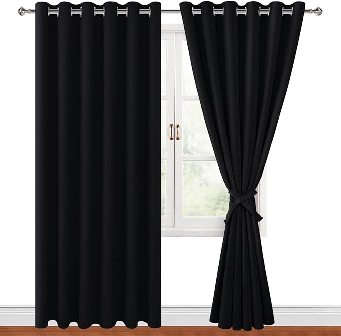 Hiasan Grommet Blackout Curtains for Bedroom, 70 x 84 Inches - Thermal Insulated & Noise reducing Window Drapes for Living Room/Dorm Room, Set of 2 Panels Sewn with Tiebacks, Black by Hiasan