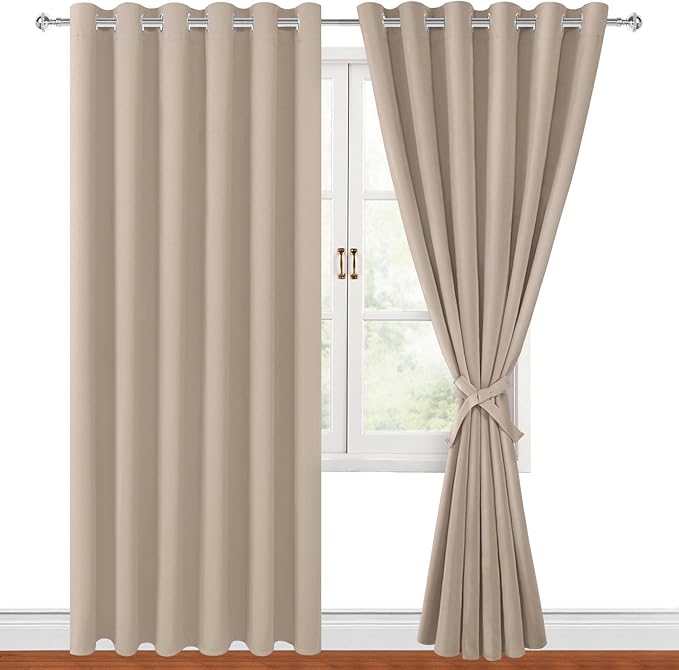 Hiasan Grommet Blackout Curtains for Bedroom, 70 x 84 Inches - Thermal Insulated & Light Blocking Window Drapes for Living Room/Dorm Room, Set of 2 Panels Sewn with Tiebacks, Camel by Hiasan