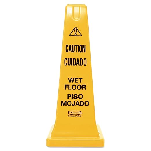 Rubbermaid Commercial Products Heavy-Duty Multilingual Caution/Warning Wet Floor Safety Cone for Restaurant/Grocery Store/Office/Facility/High-Traffic Area, Tall/Durable, 25", Yellow by RubbermaidCommercialProducts