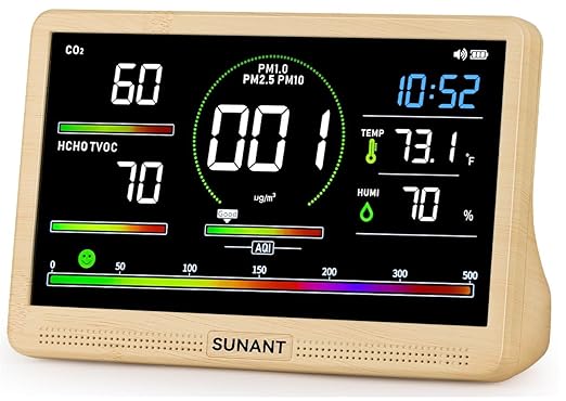 16 in 1 Indoor Air Quality Monitor, 7" Display 9 AQI +7 AQI Alerts, CO2 Monitor Tester for CO2, HCHO, TVOC, PM1.0 PM2.5 PM10 Temperature Humidity AQI & Time Air Quality Meter for Home Office by Unknown