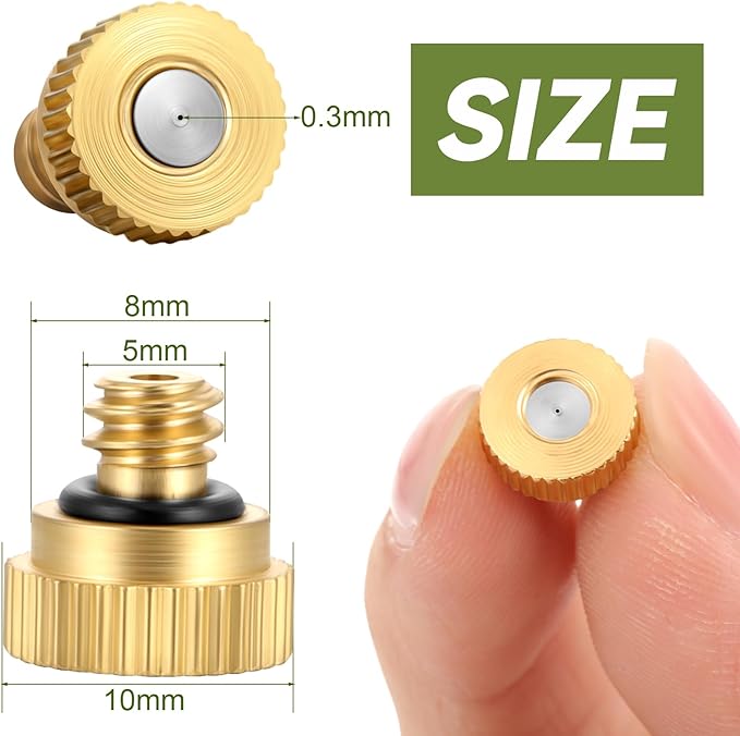 Zhengmy 100 Pcs 0.3mm Brass Misting Nozzles, Mister Nozzles Brass for Outdoor Cooling System Orifice 10/24 Unc Replacement Heads for Outdoor Cooling System - Image 2