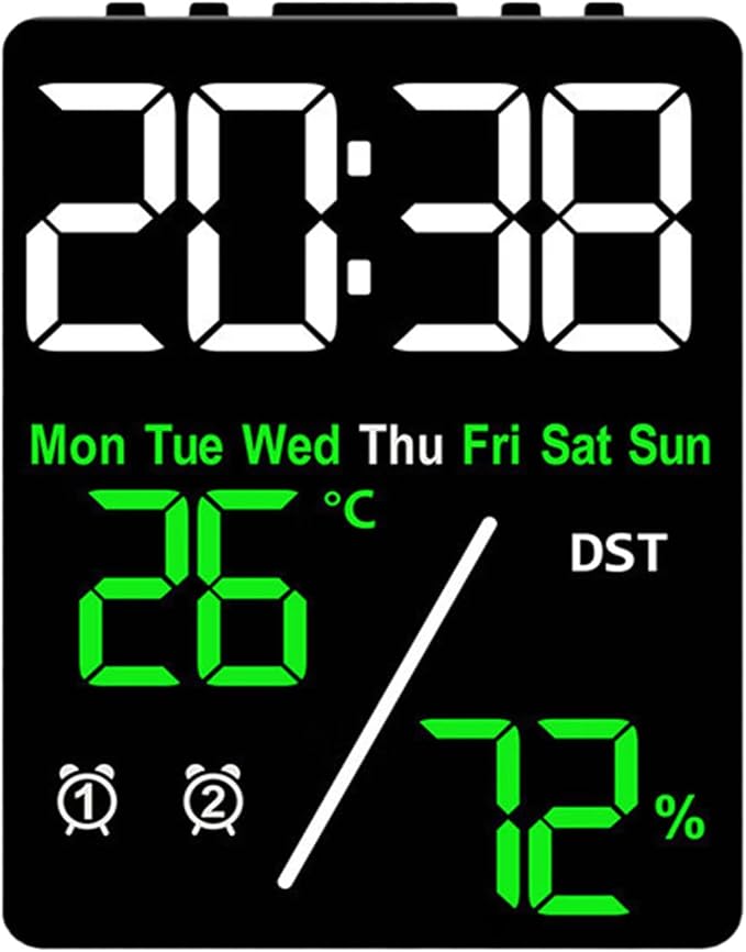 Digital LED Alarm Clock with Thermo-Hygrometer,Dual Alarms,Snooze,Date & Year Display,12/24 Hour Switch,Weekdays,DST,Auto Dimmable with 3 Brightness Levels,USB Output (5V1A) (White+Green Digits) - Image 7