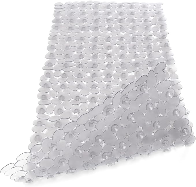 WELTRXE Non Slip Bathtub Mat 35 x 16 Inches Pebbles Shower Mats with Suction Cups, Drain Holes for Bathroom Showers, Tub, Machine Washable Bathroom Mats BPA, Latex Free Safe Tub Mats - Clear Gray by WELTRXE