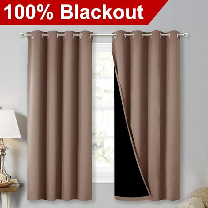 NICETOWN Extra Long Truly Blackout Drapes for Hall and Villa, 46-inch Width Each Panel, 45-inch Length, Cappuccino, 2 Pieces, 100% Blackout Window Curtains with Black Lined for Night Shift Worker - Image 2