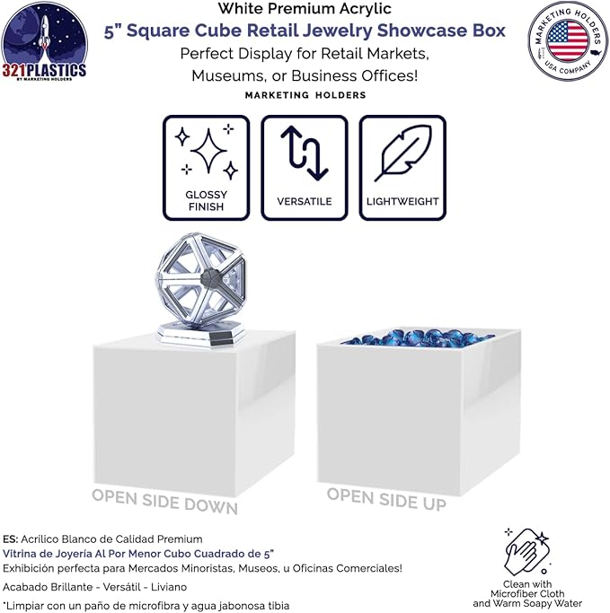 5" Acrylic Display Riser Box with One Open Side No Lid Preassembled Versatile Glossy White Square Lucite Retail Product Platform or Merchandise Storage Bin by Marketing Holders - Image 4