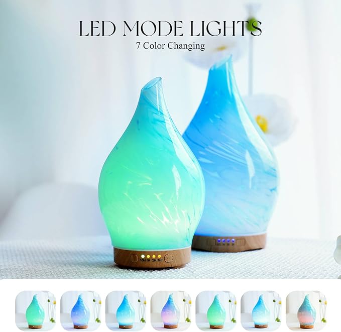 Porseme 150ml Essential Oil Diffuser Glass Color Changing Aroma Air Diffusers Aromatherapy Ultrasonic Cool Mist Humidifier 6 Running Hours Waterless Auto-Off for Sleeping Yoga Office Spa (Blue Wave) - Image 2