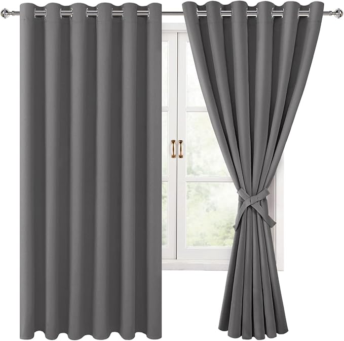 Hiasan Grommet Blackout Curtains for Bedroom, 70 x 63 Inches - Thermal Insulated & Light Blocking Window Drapes for Living Room/Dorm Room, Set of 2 Panels Sewn with Tiebacks, Light Grey by Hiasan