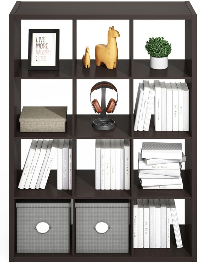 Furinno Simple Cube Storage Organizer, 12-Cube Display Shelf, Open Back Shelving Unit, Storage Shelves, Extra Thick Frame, for Organization and Storage, Living Room, Home Office, Dark Oak - Image 6