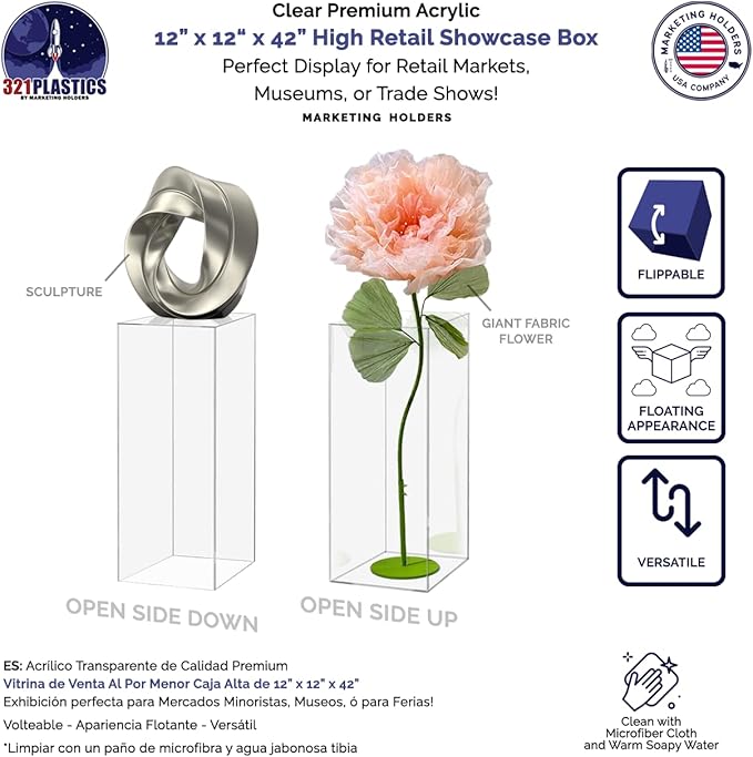 Tall Display Cube Pedestal 12 x 12 x 42 Art Sculpture Stand One Piece No Lid Clear Acrylic Plexiglass Tall Hollow Riser Column by Marketing Holders - Image 2