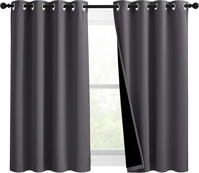 NICETOWN 100% Blackout Curtains with Black Liners, Solid Thermal Insulated Full Blackout 2-Layer Lined Drapes, Energy Efficiency Window Draperies for Bedroom (2 Panels, 46" W by 54" L, Grey) by NICETOWN