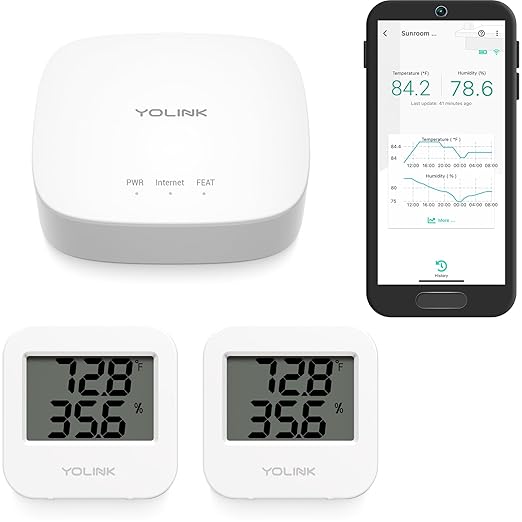 YoLink Smart Temp & Humidity Sensor, LoRa Long Range, 2 Year Battery, Indoor Monitoring for Wine Cellar, Bedroom, Nursery, Greenhouse, RV, with App, Email & SMS Alerts, Alexa IFTTT, 2 Pack + Hub by YoLink