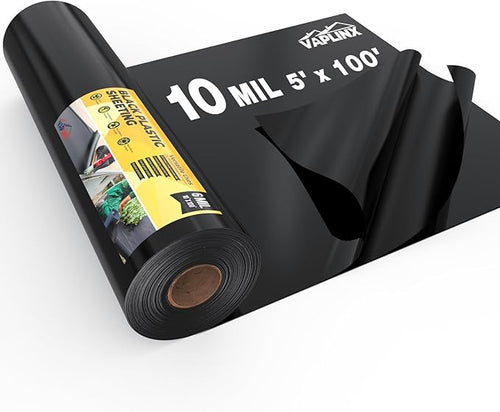 10 Mil Black Plastic Sheeting 5x100 FT – Heavy Duty Polyethylene Plastic Rolls for Garden, Black Plastic Rolls for Crawl Space Vapor Barrier, Construction, Landscaping, Weed and Moisture Control by VAPLINX