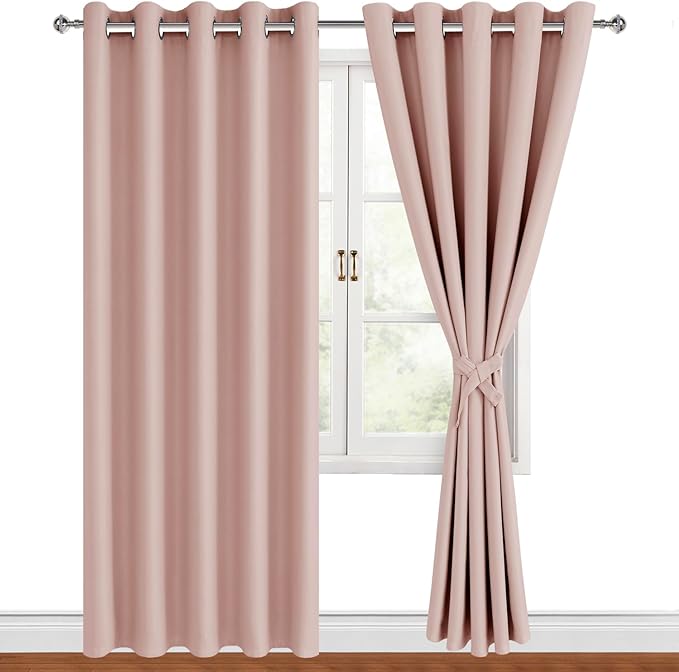 Hiasan Blackout Curtains for Bedroom, 60 x 84 Inches Long - Thermal Insulated Noise reducing Window Curtains for Living Room, 2 Drape Panels Sewn with Tiebacks, Blush by Hiasan
