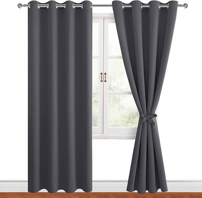 Hiasan Blackout Curtains for Bedroom, 52 x 96 Inches Long - Thermal Insulated & Light Blocking Window Curtains for Living Room, 2 Drape Panels Sewn with Tiebacks, Dark Grey - Image 6