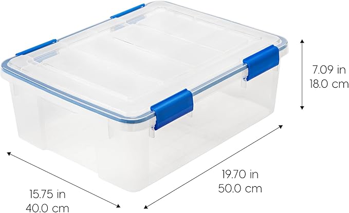 IRIS USA 26.5 Quart WEATHERPRO Plastic Storage Box with Durable Lid and Seal and Secure Latching Buckles, 3 Pack, Weathertight, Keep Pest Dust and Moisture Out, for Oversized Bulky Items, Clear/Blue - Image 2