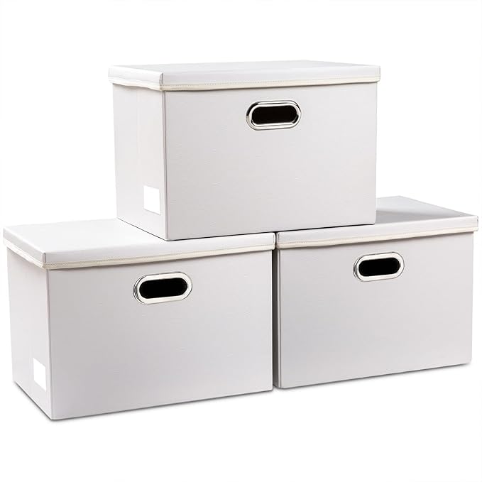 PRANDOM Large Stackable Storage Bins with Lids [3-Pack] Leather Fabric Foldable Storage Boxes Organizer Containers Baskets Cube with Cover for Bedroom Closet Office Nursery White (17.7x11.8x11.8) by Prandom