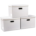 PRANDOM Large Stackable Storage Bins with Lids [3-Pack] Leather Fabric Foldable Storage Boxes Organizer Containers Baskets Cube with Cover for Bedroom Closet Office Nursery White (17.7x11.8x11.8) by Prandom