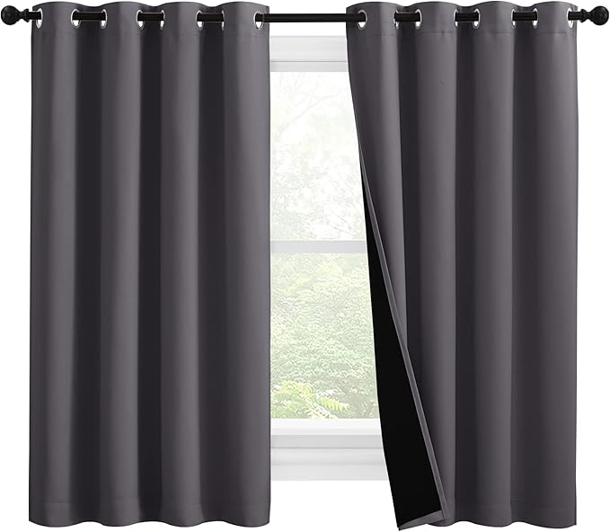 NICETOWN 100% Blackout Curtains with Black Liners, Thermal Insulated Full Blackout 2-Layer Lined Drapes, Noise Cancellation Window Draperies for Dining Room (Grey, 2 Panels, 55-inch W by 57-inch L) by NICETOWN