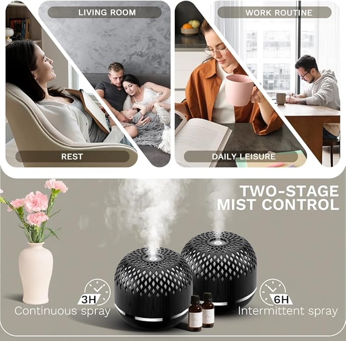 Essential Oil Diffuser 300ml for Home Bedroom, Aromatherapy Oil Diffuser with 3H 6H Timer, 7 Color Light, USB Type-C, Hollow Design, Auto Shut-Off(Dark Woodgrain, Openwork) - Image 7