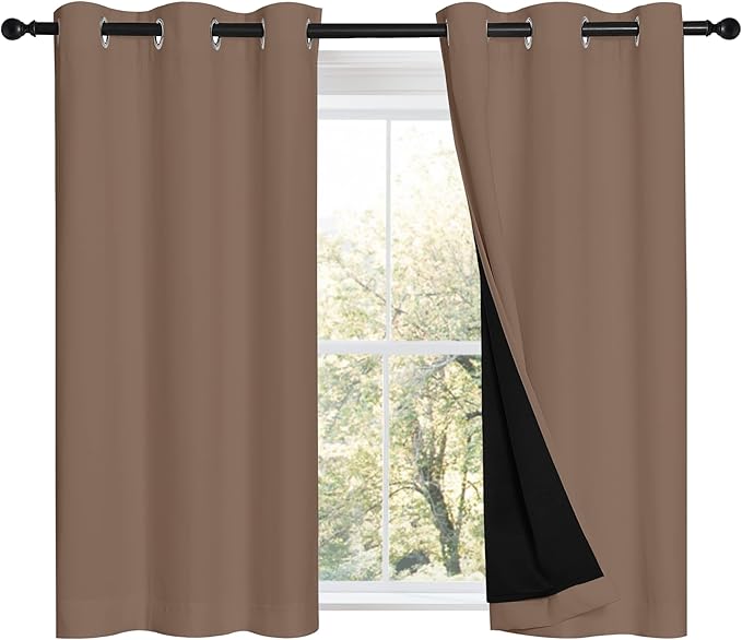 NICETOWN Cappuccino Bedroom Full Blackout Cold Blocking Short Curtain Panels, Super Thick Insulated Window Covers, 100% Blackout Blinds with Black Liner for Small Window(Set of 2, 42 by 45-inch) by NICETOWN
