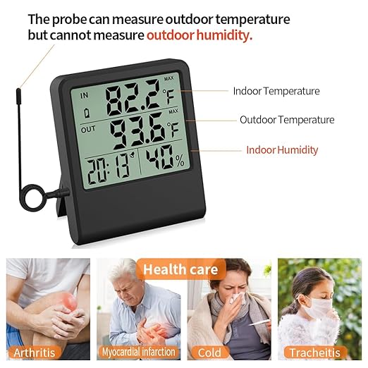 4-in-1 Thermometer Hygrometer with Alarm Clock, Large LCD, 1.5 m Waterproof Probe for Fridge/Greenhouse/Aquarium, 10-Second Refresh, Max/Min, °C/°F, Wall/Desk/Magnetic Mount - Image 2