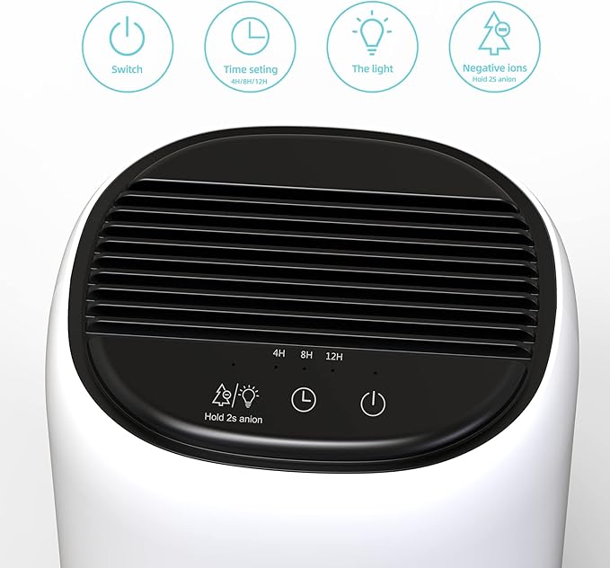 Small Dehumidifiers for Bedroom w/Air Purifying Function, 1000 ml/35 oz for 2500 Cubic Feet (260 sq ft) with 7 Colorful LED Lights Timer Set Negative Ions Below 30 dB, Auto Shut-Down - Image 5