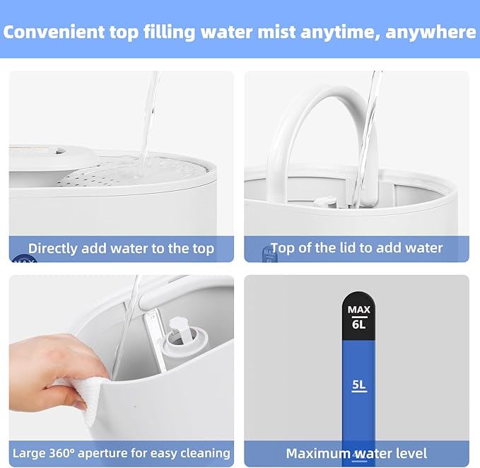 6L Humidifiers for Bedroom Large Room Home, Cool and Warm Humidifier for Baby and Plants Mist Top Fill Desk Humidifiers Essential Oil Diffuser, Quiet with Adjustable Mist,360°Nozzle-White - Image 6