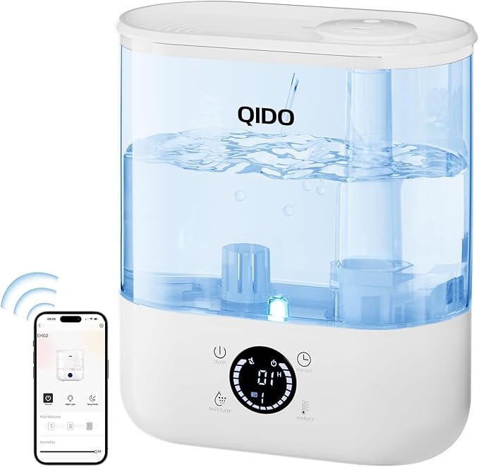 QIDO Top Fill Humidifiers for Bedroom, 5 L Cool Mist 36H Super Long Time, Quiet 28dB Essential Oil Diffuser for Baby & Plants, 3 Adjustable Mist with Touch/APP/7-color Nightlight, Auto Shut-off, White by Unknown
