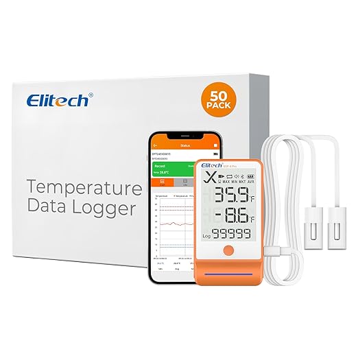 Elitech 50Pack Bluetooth Thermometer Data Logger Temperature for Refrigerator with Shadow Data 100000 Point Export PDF/CSV Report, Pharmacy Vaccine DDL Certificate, MAX MIN with Dual Probe GSP-6G-TDE by Elitech