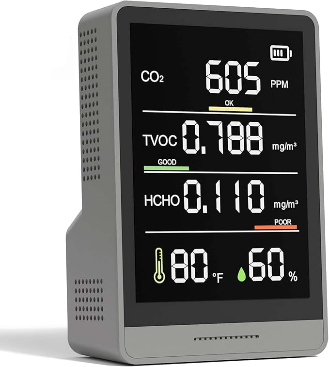 5-in-1 Professional Indoor Air Quality Monitor Indoor Portable CO2 Monitor | Temperature | Formaldehyde Detector | Humidity TVOC | Air Quality Tester - Confined Space Clean Air Monitor (Ink Grey) by PinoTec