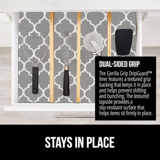 GORILLA GRIP DripGuard Shelf Liner, Non-Adhesive Drawer and Kitchen Cabinet Protector, Strong Grip Slip Resistant Underside, Smooth Surface Liners for Cabinets, Bathroom Closets 17.5x120 In White Gray - Image 4